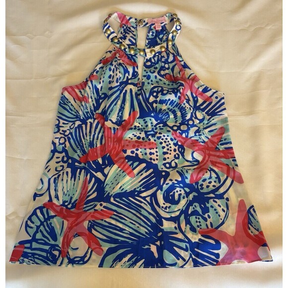 LILLY PULITZER Rogan She Sells Shells Silk Halter Top Women XS Stud Beach Resort - Picture 2 of 11